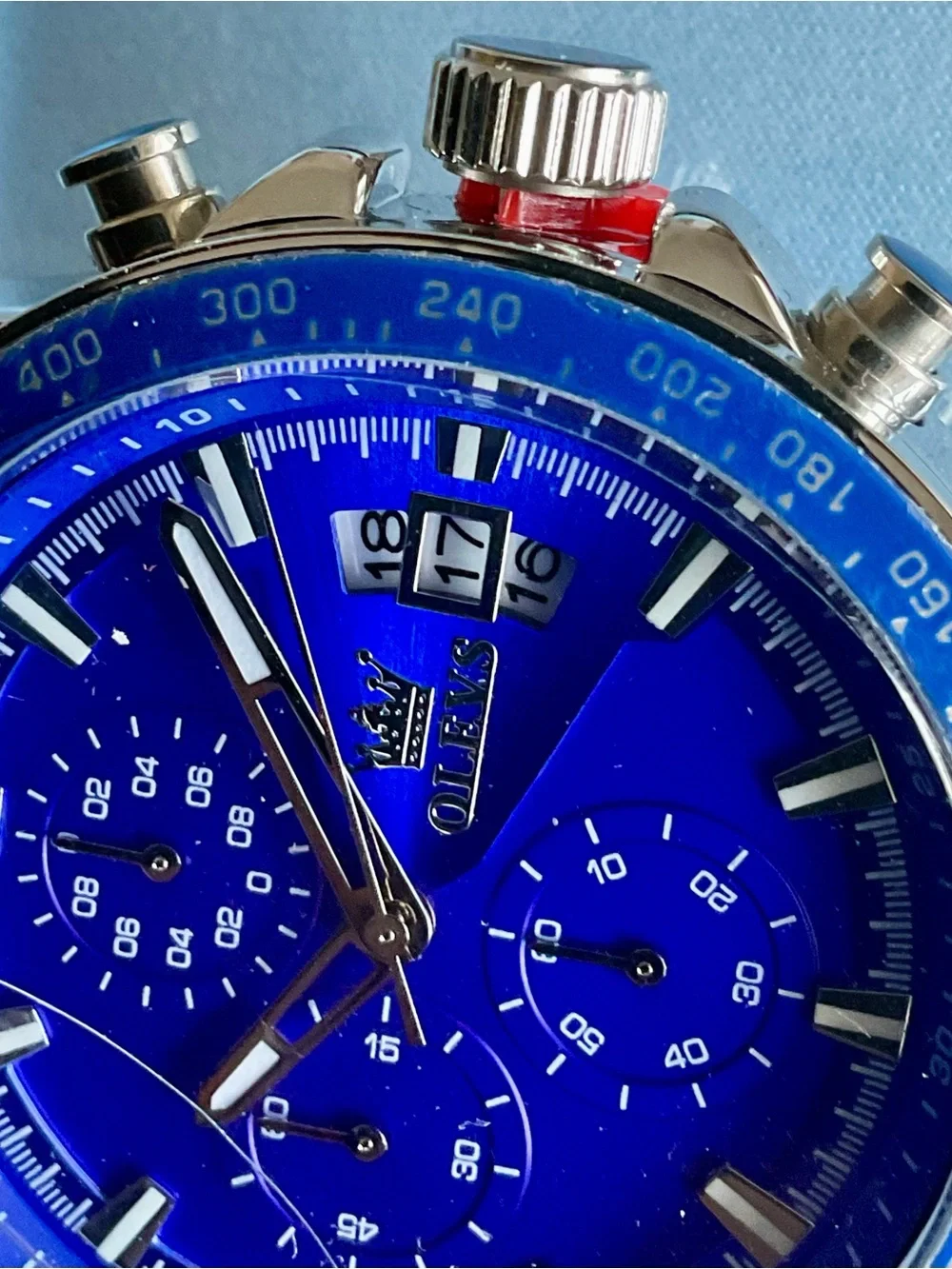 NIB OLEVS Men’s Blue Dial Stainless Steel Chronograph Watch Full Set